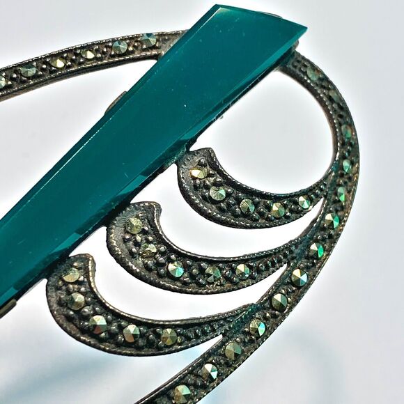 Vintage Art Deco Brooch Green Stone 925 Silver Marcasite Oval Statement Jewelry - Picture 7 of 8